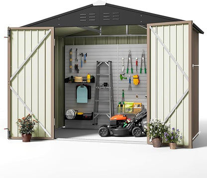 Greesum Outdoor Storage Shed 6 x 8 ft. Utility Tool Shed Metal Storage Garden Shed with Door & Lock for Patio Storage, Brown