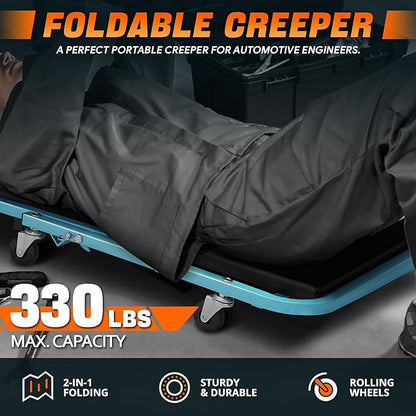 DNA MOTORING 40 Inches Folding 2 in 1 Rolling Z Creeper, Adjustable Roller Garage Chair Lay Down or Sit, 6 Pcs 2" Casters, 150kg Weight Capacity, Tiffany Blue, TOOLS-00187-TB