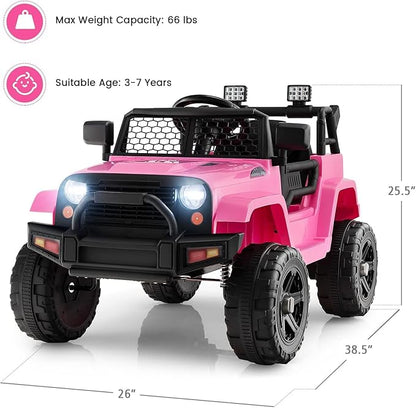 OLAKIDS Kids Ride On Truck, 12V Electric Vehicle Jeep Car with Remote Control, Toddlers Battery Powered Toy with 2 Speeds, Spring Suspension, Double Open Doors, LED Lights, Music, TF, USB, Mp3 (Pink)