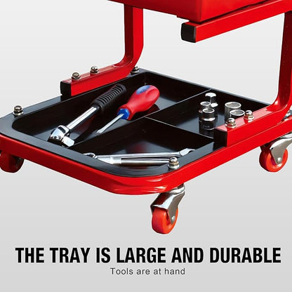 Big RED 250lb Red Rolling Automotive Creeper Garage/Shop Seat: Padded Mechanic Stool with Tool Large Tray Suitable for garages, Repair Shops