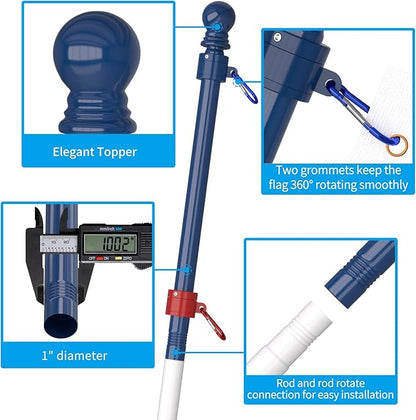 ZMTECH Flag Pole - Upgraded Bracket, 6 FT Stainless Steel Flag Poles for Outside House, Residential or Commerical, Tangle Free Flag Pole Kit for American Flag (Without Flag, Blue&White&Red)
