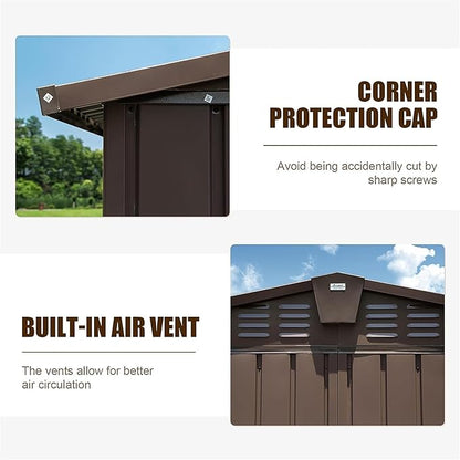 IKERY Large Galvanized Steel Storage Shed - 11' x 9' with Windows and Lockable Door, Outdoor Garden and Utility Tool Shed for Backyard and Patio, Brown