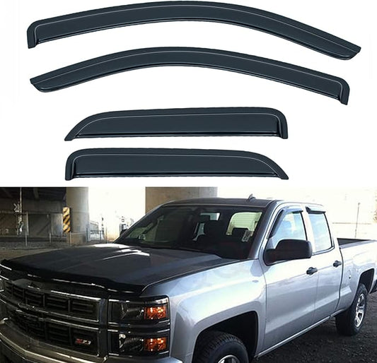 Set of 4 Front+Rear Smoke Sun/Rain Guard Outside Mount Tape-On Acrylic Window Visors Compatible with 14-18 Silverado Sierra 1500 15-18 2500/3500 HD Double/Extended Cab with Half Size Rear Doors