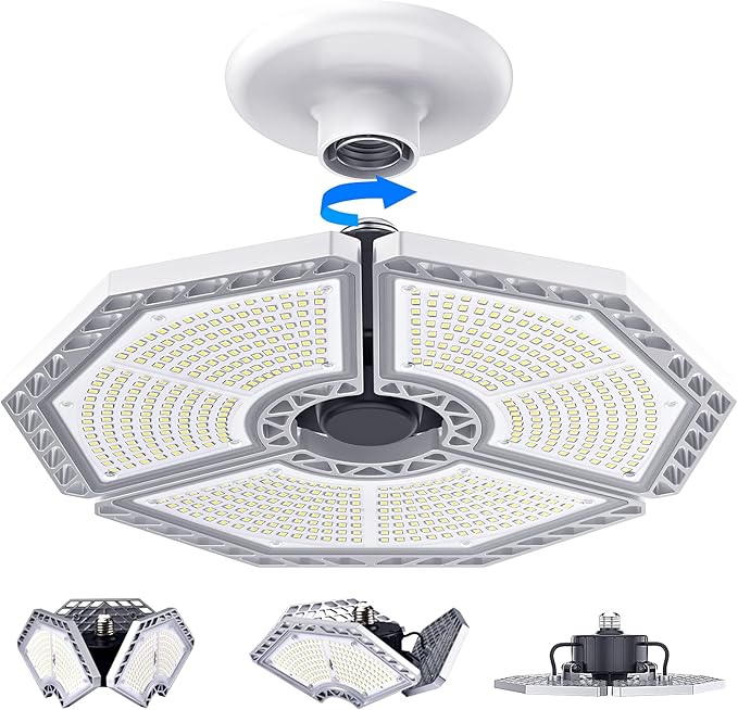 KERNOWO LED Garage Lights, 140W 18500 Lumens Garage Lighting, 6000K Daylight with Deformable Three Panel Ceiling Light Fixture E26/E27 Triple Glow LED Shop Light for Basement Workshop Warehouse