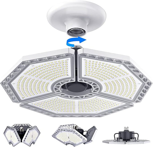 KERNOWO LED Garage Lights, 140W 18500 Lumens Garage Lighting, 6000K Daylight with Deformable Three Panel Ceiling Light Fixture E26/E27 Triple Glow LED Shop Light for Basement Workshop Warehouse