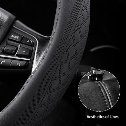 【2025 Model】 Breathable Soft Leather Car Steering Wheel Cover for Men Women, Non-Slip, Comfortable,Universal 15 inches Steering Wheels, Black