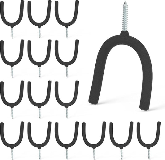HUHOLE Screw in U Hook, Black, 16PC, Shovel Holder Wall Mount, U Hooks for Hanging Garden Tools