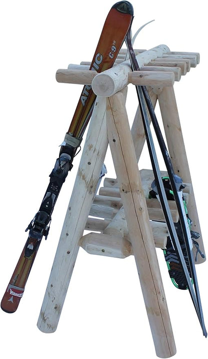 21-Place Freestanding Log Ski Rack Holder, Indoor & Outdoor Snowboard Racks, Standing Storage, Garage Racks for Snow Skis & Poles, Snowboard Rack Garage Storage Organizer - Natural + 15" Anchor Kit