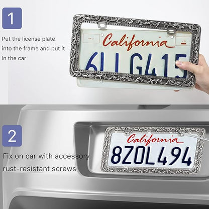 Valor Gel Metal Car License Plate Frames,Antique Old Pattern Printing, Bling Crystal Rhinestones Inlaid,Universal 2 Holes Automotive Replacement Parts Plate Holder(1 Pack)