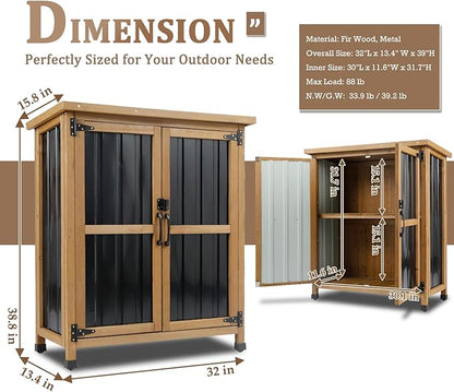Weatherproof Outdoor Storage Cabinet with Lockable Doors, Wood & Metal Garden Storage Shed Patio Storage Box for Tools & Lawn Equipment, Pool Accessories