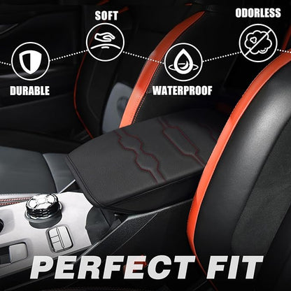 Muslogy Center Console Armrest Cover Compatible with Ford Ranger 2024 2025 Accessories Comfort Armrest Pad Cushion Box Lid Cover Vegan Leather Protector Regular Thick(Black/Orange Stitching)