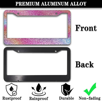 License Plate Frame Multicolor License Plate Holder Shining Rainbow Gradient Sparkle Glitter Women Aluminum Metal Car Accessory 2 Pack with Screw Covers Set