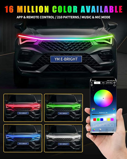 YM E-Bright Car Led Lights Exterior RGB Hood Light Strip Waterproof Multicolor Dynamic Scan Start Up Hoodbeam Kit DRL Daytime Running Lights for Cars,Truck,SUV,APP Remote Control,12V 59inch