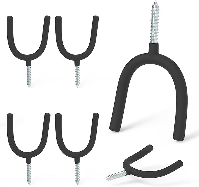 HUHOLE Screw in U Hook, Black Heavy Duty, 6PC, Shovel Holder Wall Mount, U Hooks for Hanging Garden Tools