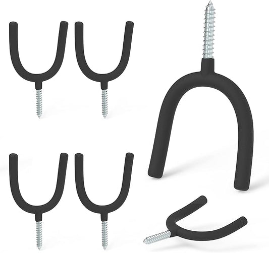 HUHOLE Screw in U Hook, Black Heavy Duty, 6PC, Shovel Holder Wall Mount, U Hooks for Hanging Garden Tools
