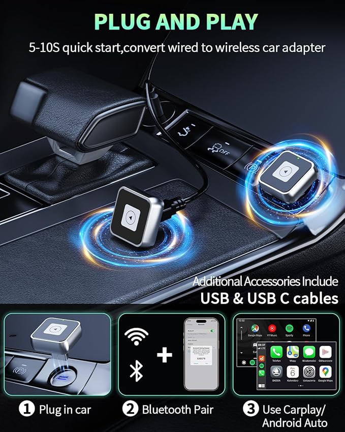 Wireless CarPlay & Android Auto Adapter 1-Inch (2.54cm) - Discreet Plug & Play, Stable 5G Connection for Music/Navigation, Works with iPhone iOS 10+ & Android 11+,for 98% of Cars (2016-2025) (Silver)