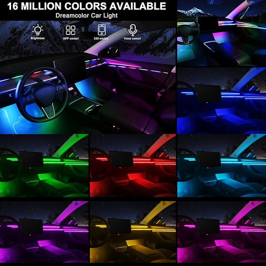 Dream+Color Acrylic Interior Car LED Strip Light with Wireless APP, RGB 10 in 1 with 175 inches 593 Neon Ambient Lighting Kits, Dynamic Chasing Music Sync LEDs Fiber Optic Strip Lights for Car