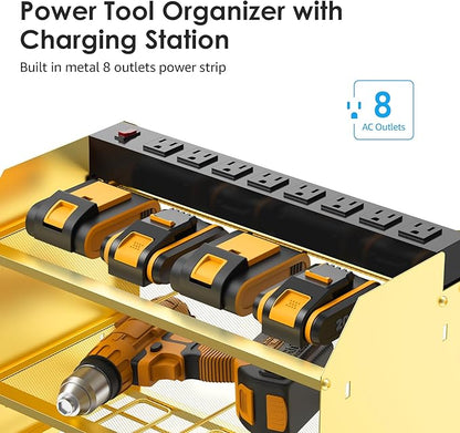 CCCEI Modular Power Tool Organizer Wall Mount with Charging Station. Garage 4 Drill Storage Shelf with Hooks, Drill Bit Heavy Duty Rack, Gold Tool Battery Holder Built in 8 Outlet Power Strip.