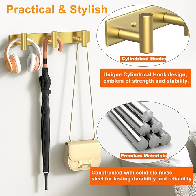 Wall Mounted Coat Rack-3 Hooks, Heavy Duty Stainless Steel Hook Rail for Towel Coat Hat Purse Bag Jacket, Towel Hooks for Entryway Bathroom Kitchen (Gold 3 Hooks - 1 Pack)
