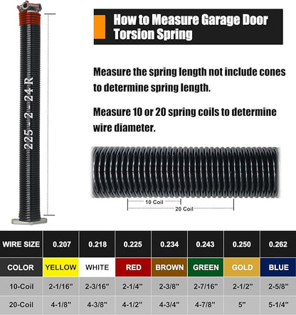 Garage Door Torsion Spring Set, Pair of 2" Electrophoresis Coated Garage Door Spring Replacement with 2 Non-Slip Winding Bars and Bearing, Minimum 16000 Cycles (.225x2x24")