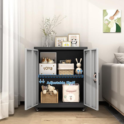 GREATMEET Garage Cabinets with Wheels,Small Storage Cabinet with Doors and Adjustable Shelves，Locking Metal Garage Storage Cabinets for Home Office Utility Room