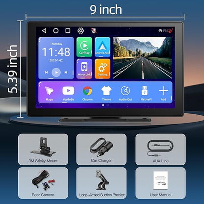 [Android& 2+32G] 9 inch Wireless Apple Carplay and Android Auto, 4 Core IPS Touch Screen Mirror Link, with 1080P Rear Camera and Support OTA Update, GPS Navigation, Netflix, YouTube, Tictok