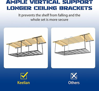 4x8 Overhead Garage Storage Rack with 4 Extra Hooks – Adjustable Heavy-Duty Ceiling Storage System (22"-40"), Holds 600 lbs, 22 lbs per Hook, Steel Hanging Organizer for Tools, Bins & Bikes | Black