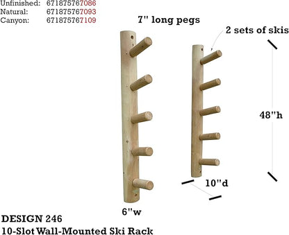 10-Place Wall-Mounted Ski Log Racks - Skis Wall Mount Garage Racks, Indoor & Outdoor Vertical Ski Holders for Walls, Hangers for Skis Indoor Storage Rack, Garage Hanging Rack - Natural