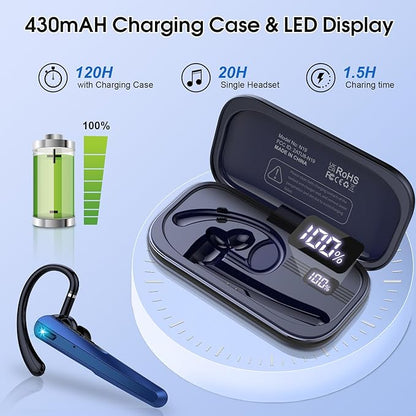 Bluetooth Headset V5.3, Wireless Earpiece with Dual ENC Noise Canceling Mic, 120H Hand-Free Talk Single-Ear Bluetooth Earpiece with LED Display, IP7 Waterproof Headphones for Trucker, Dark Blue