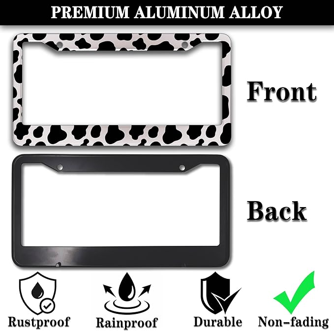 License Plate Frames Black and White License Plate Frame Animal Cow Print White Black Spot Design Universal Aluminum Car Accessory 2 Pack with Screw Covers Set