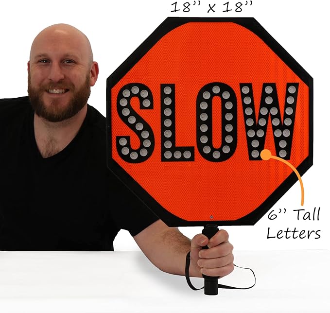 SmartSign LED STOP SLOW Paddle - Reflective Hand Held Stop Slow Sign with Handle, 18" Double-Sided, Steady/Flashing LED Light Modes, Rechargeable, Pack of 1