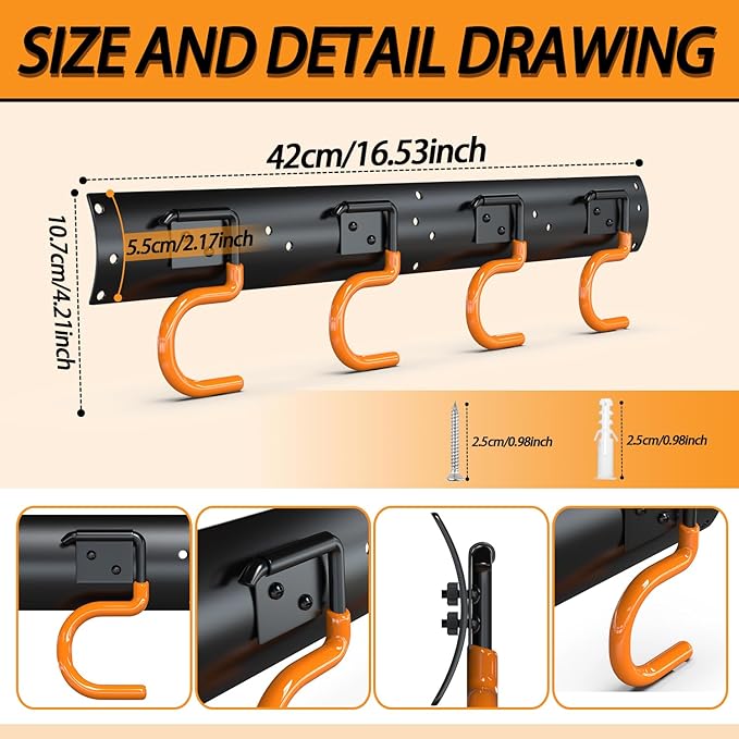 3-H 6×16" All Metal Garden Tool Organizer Wall Mount, Broom Holder Wall Mount for Garage, Shed, Garden, Basement Hanging and Organizing Rake, Mop, Shovel, Hose (6Pack)