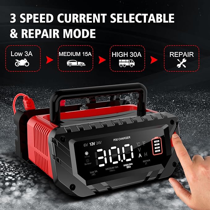 30 Amp 6V/12V/24V Smart Trickle Charger, Car Battery Charger, Lithium, Lifepo4, Lead Acid (AGM/Gel/SLA) Battery Maintainer, Desulfurizer, For: Car, Boat, Motorcycle, Lawn Mowers