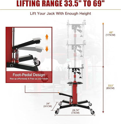 Transmission Jack 1322 LBS Hydraulic Telescoping 2-Stage Lift Jack Stand 33.8"-72.8" High Lift Transmission Jacks with Foot Pedal & 360° Swivel Wheels for for Garage/Workshop Car and Truck Repairs