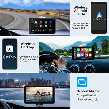 Compatible Wireless Apple CarPlay Android Auto Screen for Car, 7" Touch Screen Naivgation Car Stereo Portable CarPlay Bluetooth Mirror Link, Siri, AirPlay, AUX, Voice Assistant
