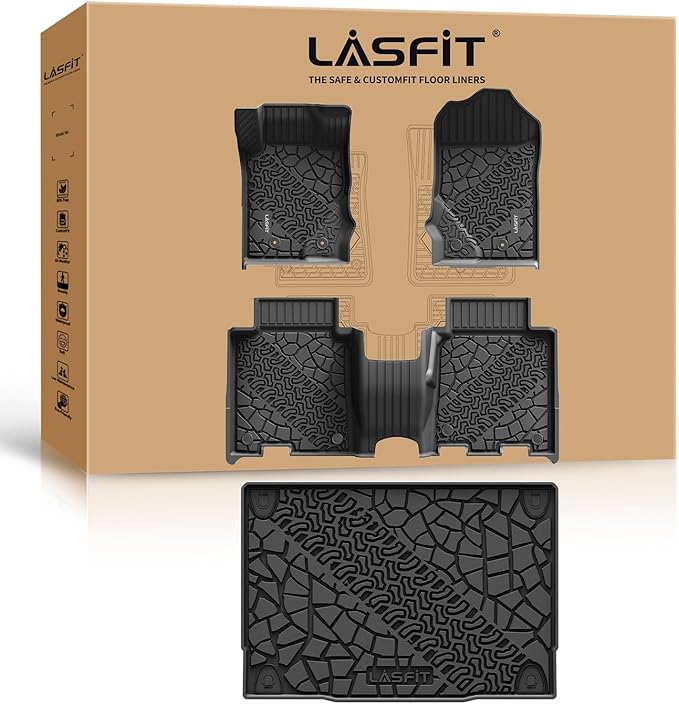 LASFIT Floor Mats Cargo Liner for Ford Bronco 4 Door 2025 2024 2023 2022 2021(Not for Bronco Sport) All Weather TPE Custom Fit SUV Floor Liners Trunk Mat, 1st & 2nd Row & Cargo Liner,4pcs Black