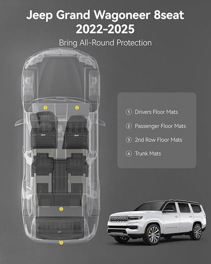 3W Floor Mats & Cargo Liner Fit for Jeep Grand Wagoneer 2022 2023 2024 2025 8 seat (Only Fit Wagoneer 8s), TPE Custom Fit Wagoneer Floor Liner for 1-3 Rows and Trunk Mats Full Set Car Accessories