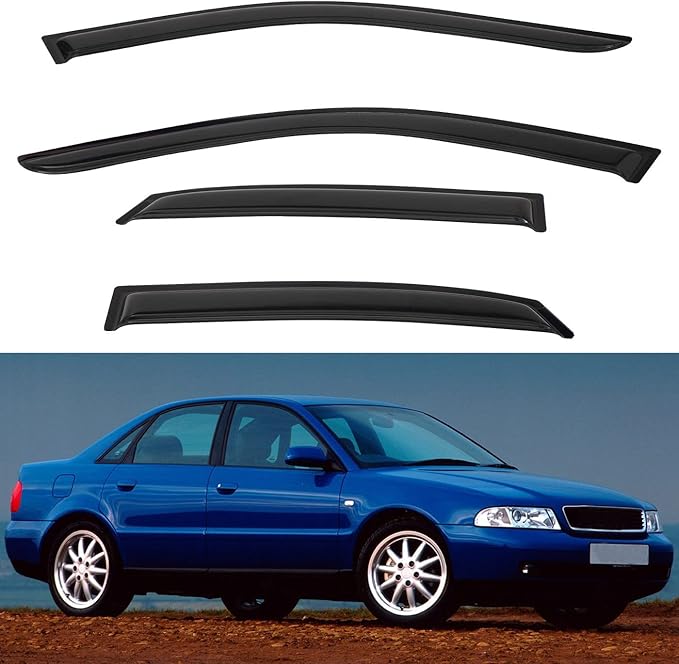 4pcs Front+Rear Smoke Tint Sun/Rain Guard Outside Mount Tape-On Vent Window Visors Compatible with 96-01 B5 A4/A4 Quattro 00-02 S4 4-Door Sedan