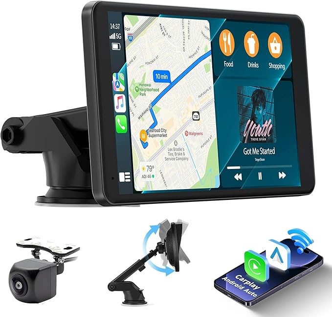 Portable Wireless CarPlay and Android Auto Screen for Car, 7" HD Touch Screen Car Stereo with Mirror Link, Bluetooth 5.0, Backup Camera, AUX,FM Transmitter for All Vehicle (with Camera)