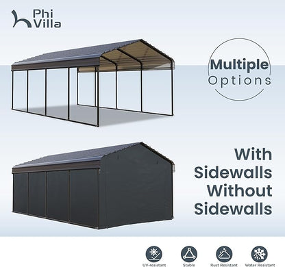PHI VILLA 12 x 20 ft Carport Metal Carports with Galvanized Steel Roof, Sturdy Heavy Duty Metal Carport for Cars, Boats, and Tractors