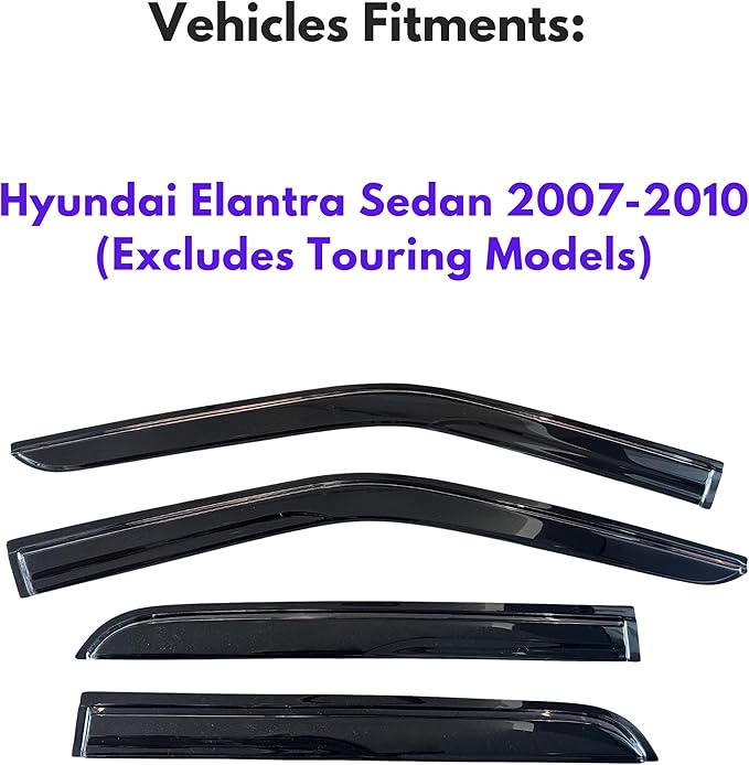 KPY Window Visor Compatible with Hyundai Elantra Sedan 2007-2010 (Excludes Touring Models), 4PC Rain Guard Side Window Vent Deflectors Tape-On Mugen Style, 2007 2008 2009 2010