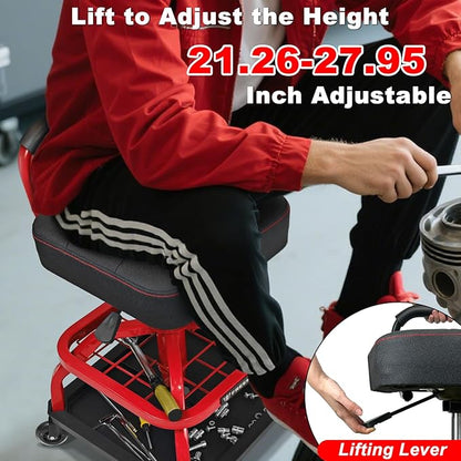 Rolling Shop Stool with Wheels, Garage Mechanic Shop Chair with Handle Backrest, Adjustable Height Work Stool, Roller Seat with Tool Tray Storage, Heavy Duty, 330 LBS Capacity, Red