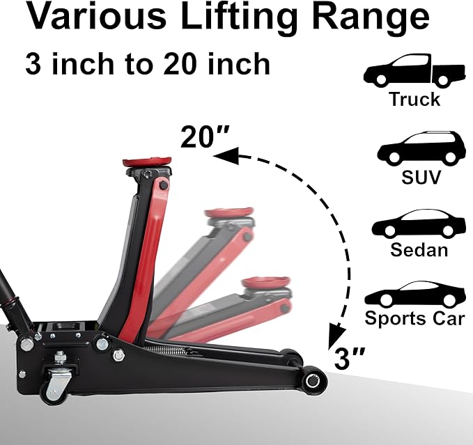 3-Ton (6600lbs) Low Profile Hydraulic Heavy-Duty Steel Floor Jack with Dual Pistons Quick Lift Pump, Home and Workshop Car Maintenance for Various Vehicles (Red, 3 Ton Low Profile)