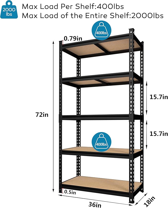 MUPATER 36" W x 18" D x 72" H Metal Storage Shelves, Heavy Duty Utility Shelf Racks, Garage Shelving Unit, 5 Tier Shelves and Adjustable Shelves for Kitchen Warehouse Garage