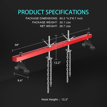 SPECSTAR 1100 Lbs Engine Support Bar Transverse Hoist for Motor Transmission with 2 Points Lift Holder and Dual Hooks