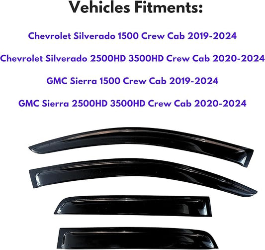 KPY Window Visor for 2019-2024 GMC Sierra Crew Cab & Chevrolet Chevy Silverado 1500 Crew Cab, 2500HD 3500HD 2020-2024, 4PC Rain Guards Tape-On Style, 2019 2020 2021 2022 2023 2024 (Crew Cab Only)