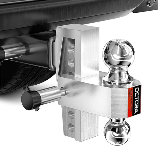 Adjustable Trailer Hitch (Fits 2-Inch Receiver) - Aluminum Tow Hitch with 6-Inch Drop/Rise for Truck (12,500 LBS GTW) - Double Anti-Theft Locking Hitch Pins (Silver, 2inch-6Drop)
