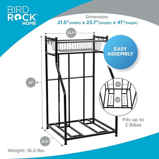 BIRDROCK HOME Bike Rack Garage Storage Floor Stand - Freestanding Organizer for Outdoor Yard - Upright Wall Mount for Scooters, Rakes, Motorcycles, Hoverboards, Gloves - Holds 2 Bicycle - Black