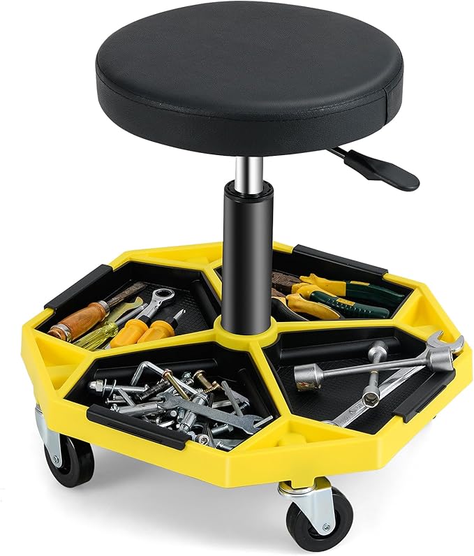 Adjustable Mechanic Rolling Stool, Pneumatic Rolling Stool with Wheels, Tool Storage Tray & Padded Seat Cushion, Garage Stool Chairs Creeper Seat (Yellow)