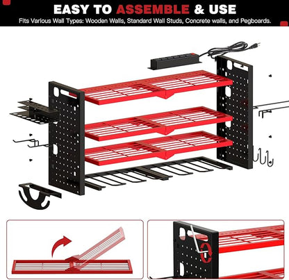 Power Tool Organizer Wall Mount with Charging Station 4 Layer 6 Slot Cordless Drill Holder with Angle Grinder Holder (Red)
